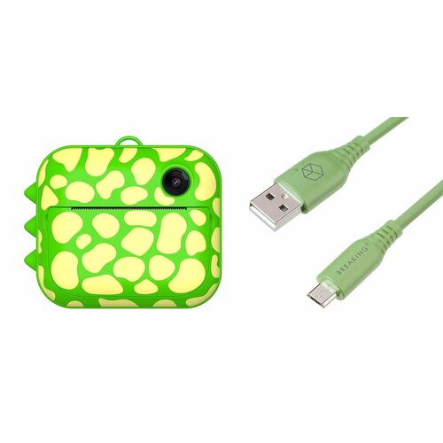 Комбо: Фотоаппарат моментальной печати LUMICAM PRINTY DK04 GREEN DINO + Кабель Breaking Silicone USB - Micro USB, 2.4 A, 1 метр (Зелёный)