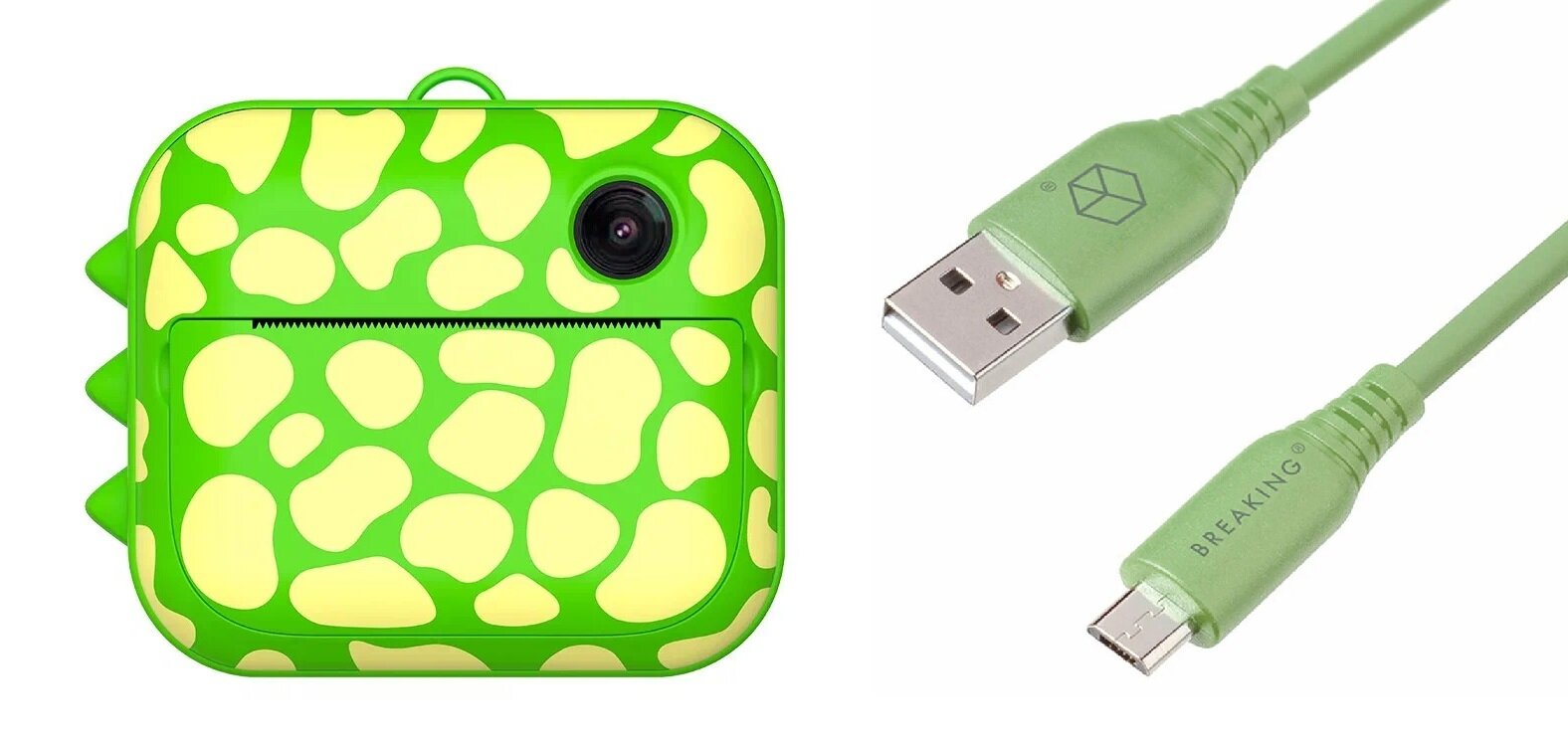 Комбо: Фотоаппарат моментальной печати LUMICAM PRINTY DK04 GREEN DINO + Кабель Breaking Silicone USB - Micro USB, 2.4 A, 1 метр (Зелёный)