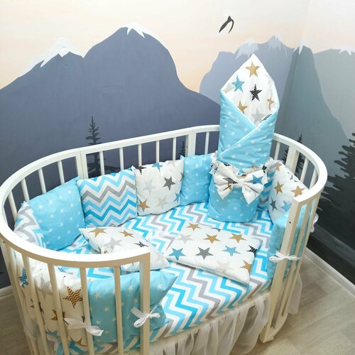 фото Комплект бортиков в кроватку из 16 предметов mamdis для новорожденных и малышей голубой mam.dis