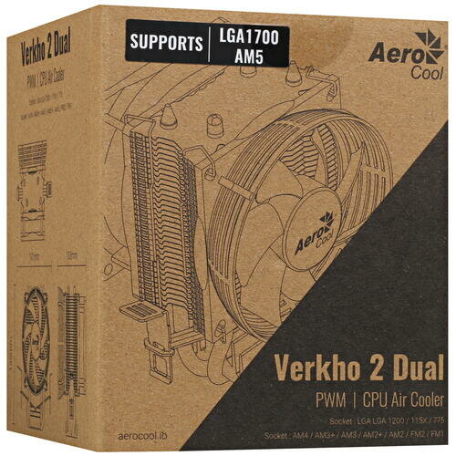 Устройство охлаждения(кулер) Aerocool Verkho 2 Dual Soc-FM2+/AM2+/AM3+/AM4/1150/1151/1155/2011/ 4-pin + 4-pin 15-25dB Al+Cu 120W 370gr Ret - фото №3