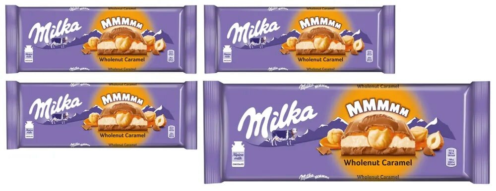 Шоколад молочный MILKA Wholenut Caramel с карамелью и обжаренным цельным фундуком, 300г 4 шт