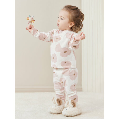 фото Пижама happy baby для девочек, брюки, лонгслив, без капюшона, рукава с манжетами, брюки с манжетами, размер 80-86, розовый, белый