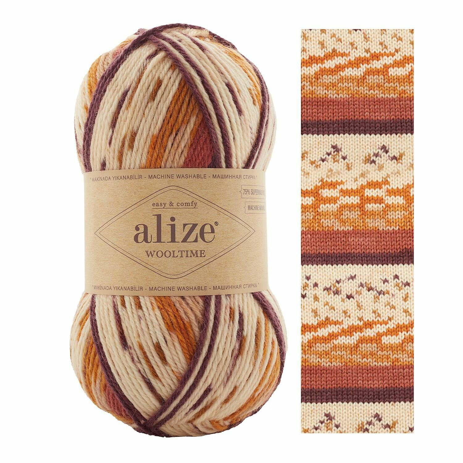 Пряжа Wooltime, Alize, бел/песоч/слив - 11022, 75% SW шерсть, 25% полиамид, 5 мотков, 100 г., 200 м.
