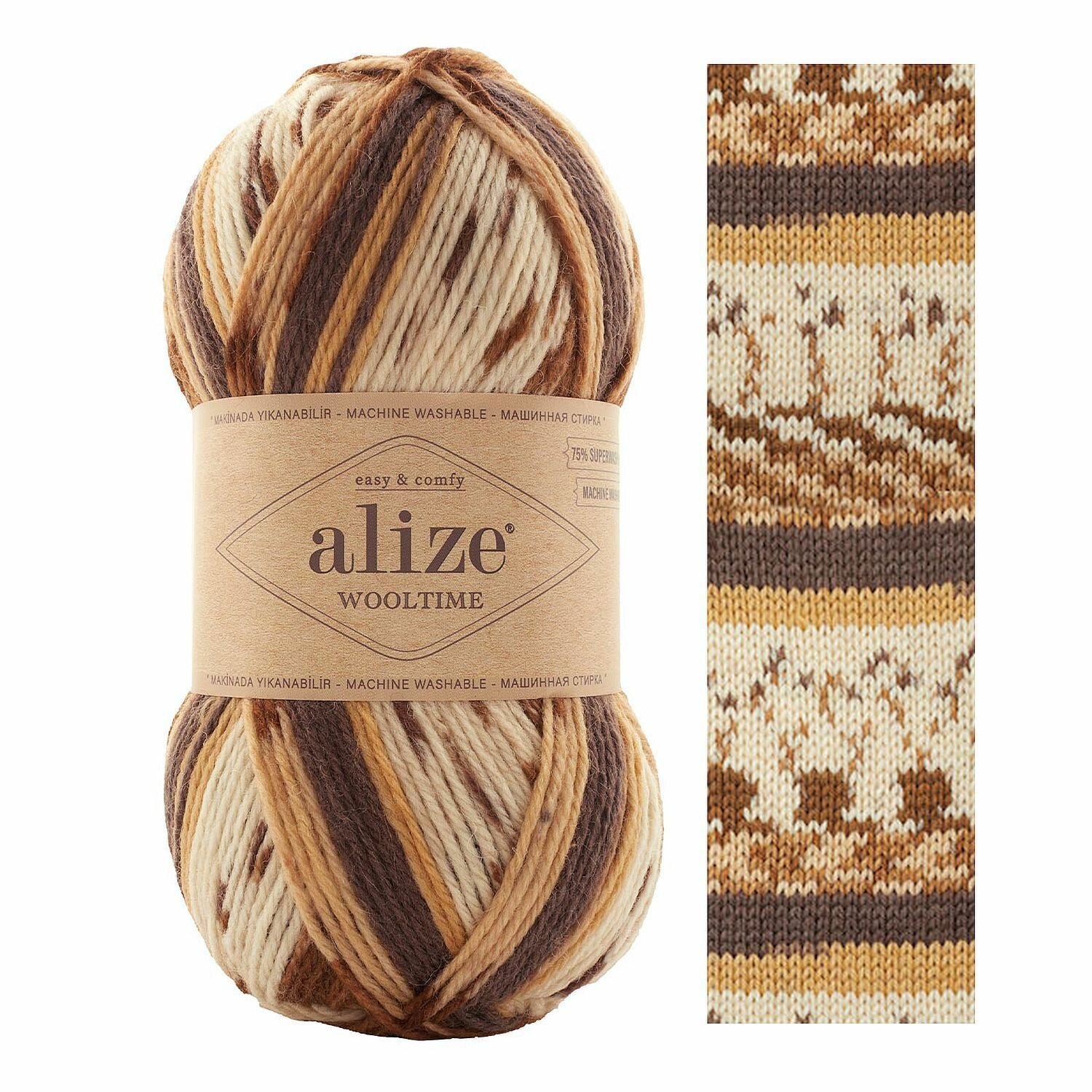 Пряжа Wooltime, Alize, бел/беж/корич - 11023, 75% SW шерсть, 25% полиамид, 5 мотков, 100 г, 200 м.