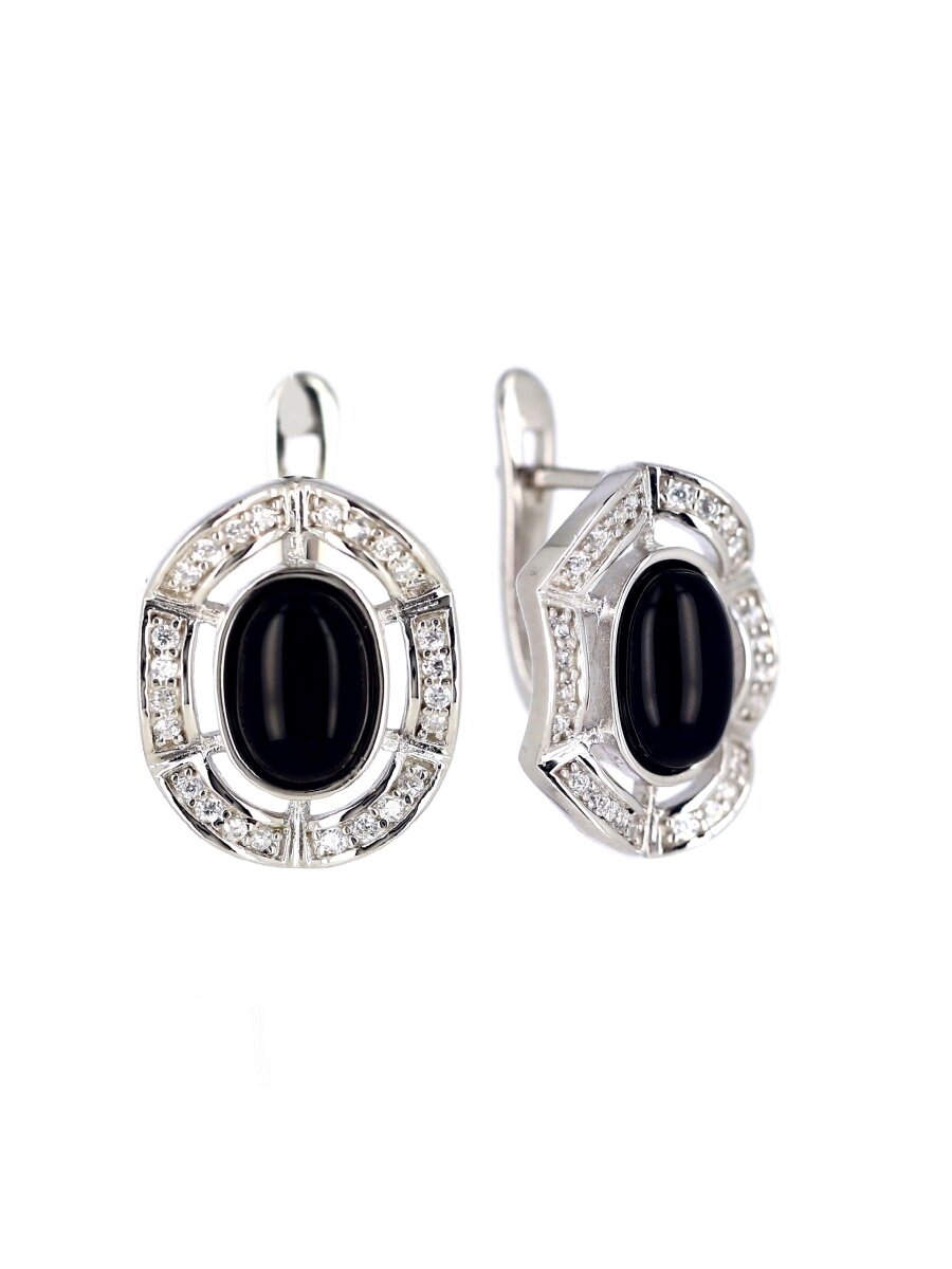 Серьги L-Silver, серебро, 925 проба, родирование, агат, фианит, длина 2.6 см, , серый, белый, черный, серебристый