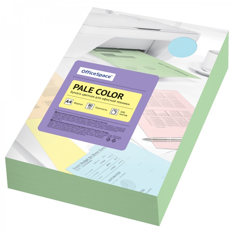 Бумага цветная А4 OfficeSpace Pale Color пастель зеленая 80 г/кв. м 500 листов (356860)