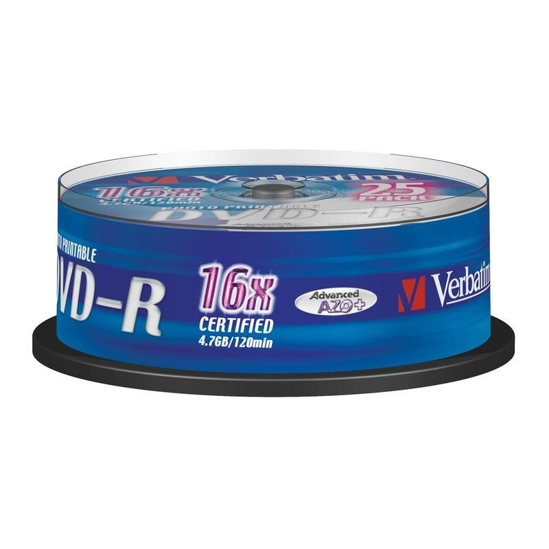 Оптический диск DVD-R Verbatim 4.7Gb, 16x, cake box, printable, 25шт. (43538)