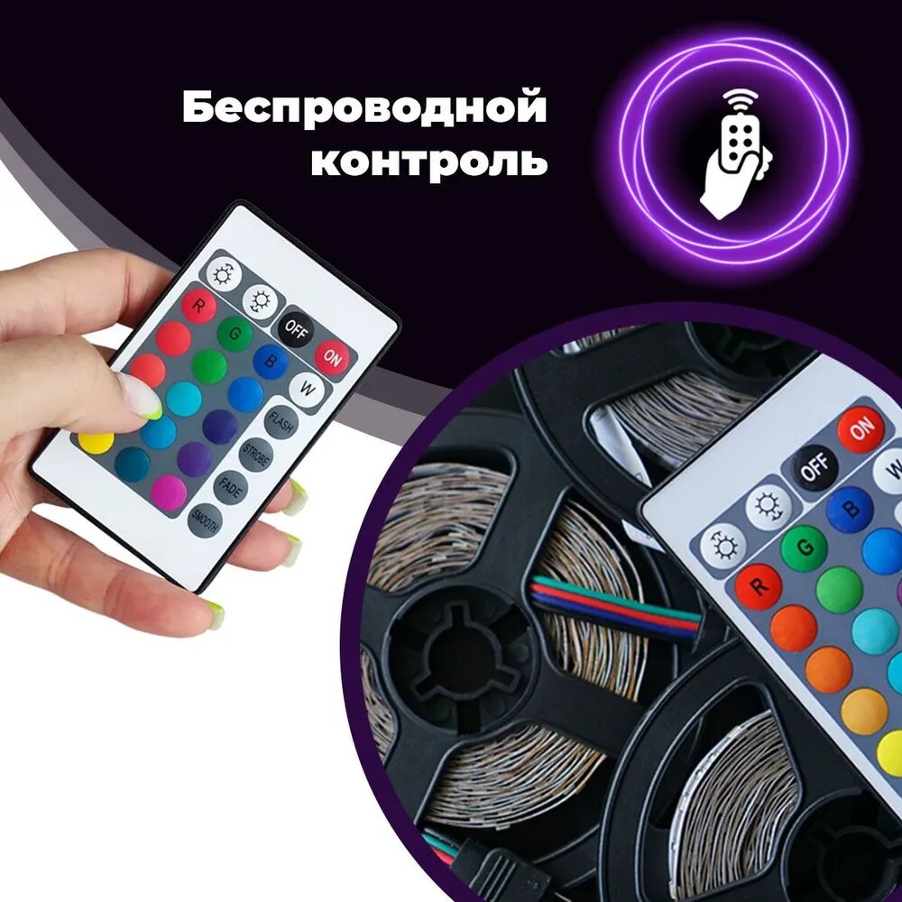 Светодиодная лента 5м, 54 LED/m RGB, IP65, 12В (блок питания в комплекте), многоцветная, SMD 5050, Управление цветом с пульта - фотография № 2