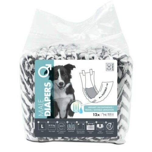 Подгузники для собак (кобелей), Male Dog - L, черно-белые 12 шт