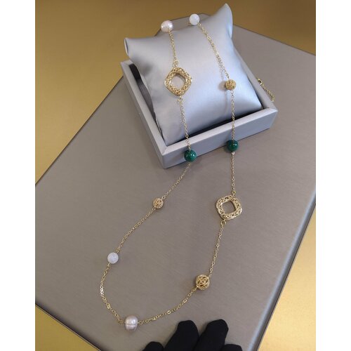 Колье CoolStone COOLSTONE Ожерелье SQUARE дизайнерское премиум с Малахитом, Лунным камнем и Жемчугом в позолоте, ручная работа, жемчуг пресноводный, малахит, лунный камень, длина 80 см, золотой, белый