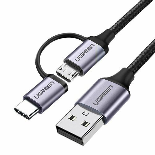 Кабель UGREEN US177 (30875) USB-A to Micro USB + USB Type-C Cable (1 метр) чёрный кабель ugreen us177 30875 usb a to micro usb usb type c cable длина 1 м цвет черный