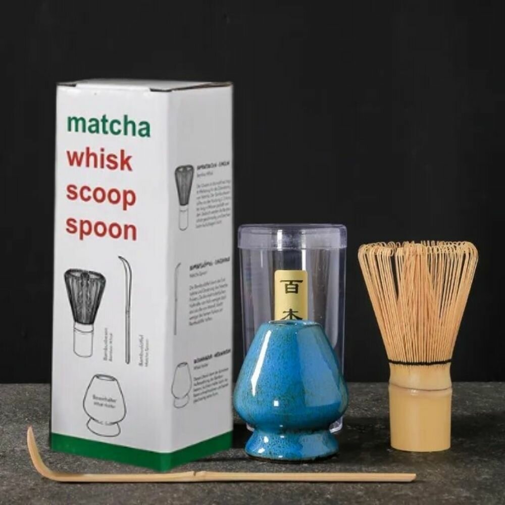 Набор для матча чая синий (венчик для матча бамбуковый Часен, ложка для матча мерная Тясаку, подставка под венчик для матча) в подарочной коробке