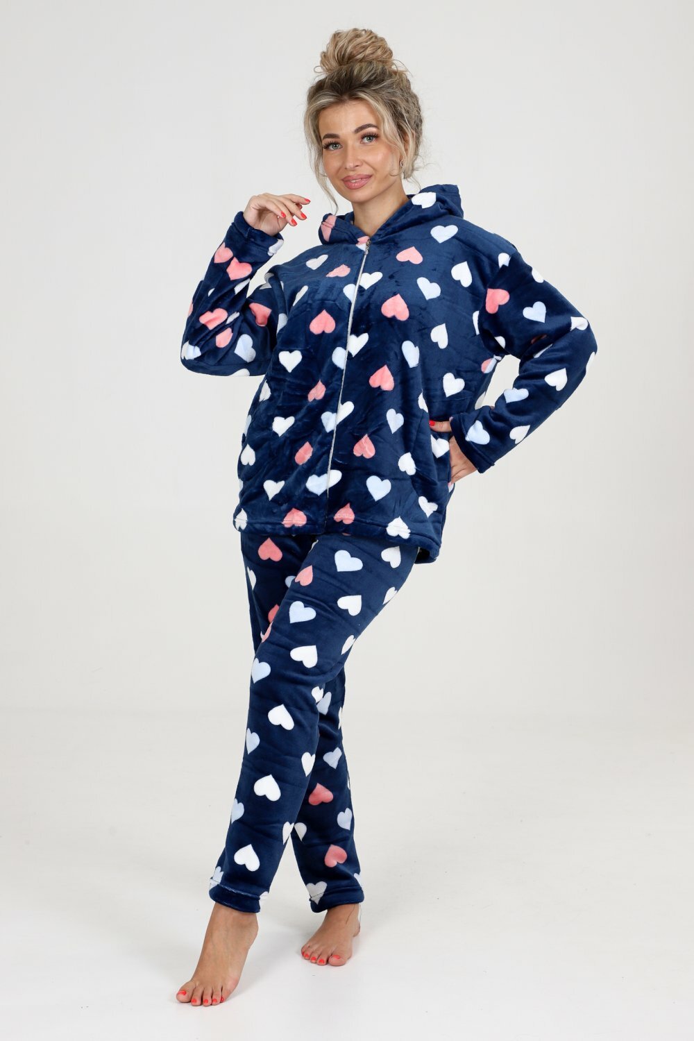 Пижама Aronia, брюки, футболка, длинный рукав, карманы, трикотажная, пояс на резинке, размер 58-60, белый, синий - фотография № 1