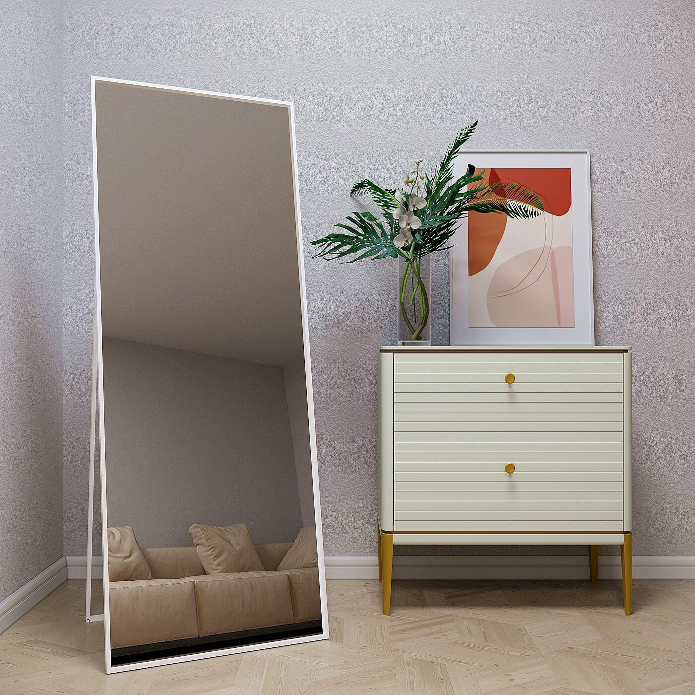 Зеркало напольное в алюминиевой раме ALUMIRROR, 160х60 см. Цвет: Белое - фотография № 2