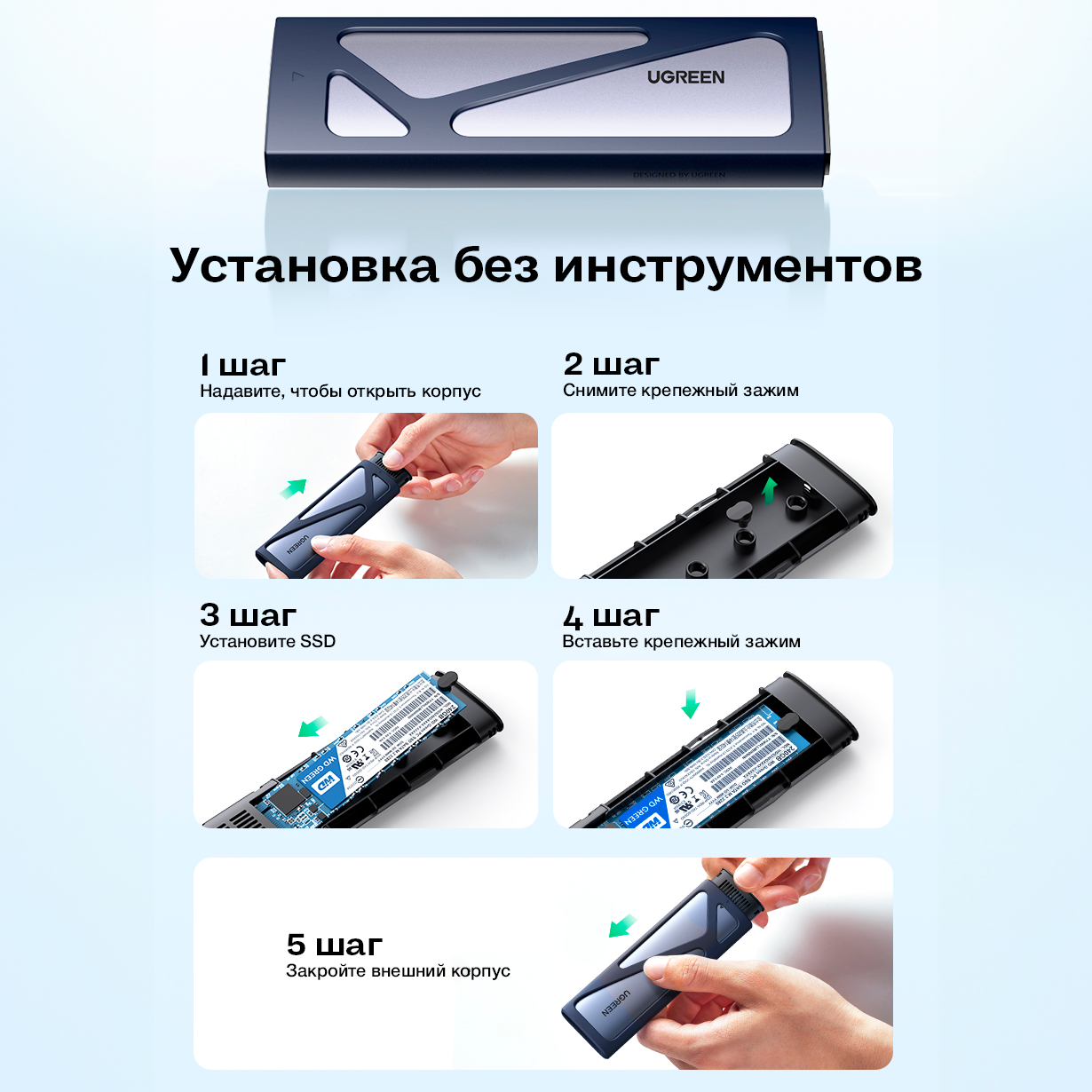 UGREEN Бокс для накопителей UGREEN CM578-15512; Вход: USB-C 31 GEN2; Выход: M2 M-KEY/M+B Key (NVME; PCIE 30) 10 Гбит/с