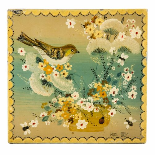 Панно декоративное с живописным изображением птицы среди цветов, дерево, масло