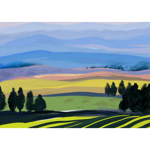 Постер интерьерный Пейзаж с полями и горами А3 780₽