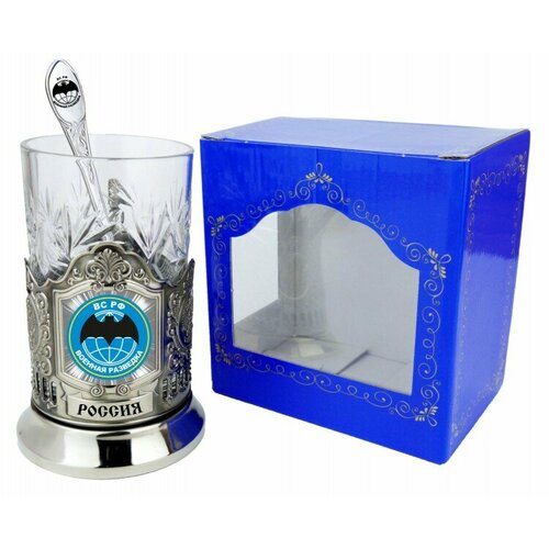Подстаканник Военная Разведка никелированный цветная термопечать (3 пр.) карт. коробка, хруст. стакан, ложка-нерж. грав.