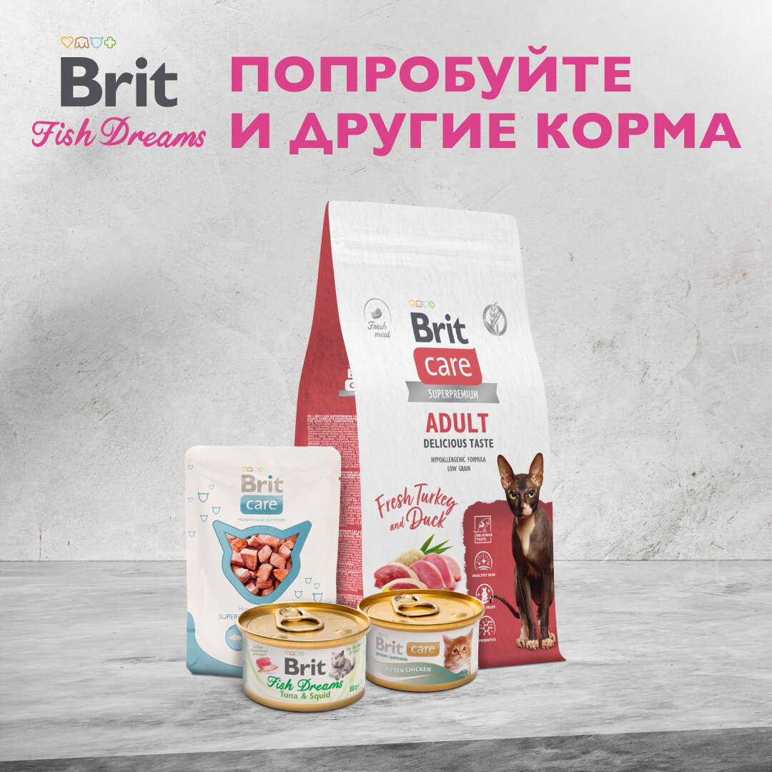 Влажный корм для кошек Brit Care тунец, морковь и горошек 12 шт. х 80 г (мини-филе) консервы (Fish Dreams) - фотография № 16