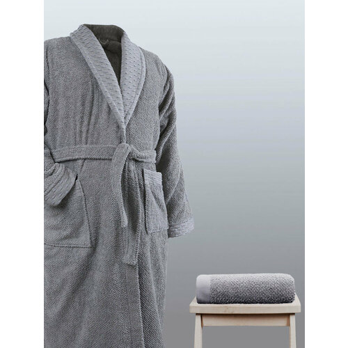 Халат Safia Home, длинный рукав, карманы, банный халат, пояс/ремень, размер 52/54, серый