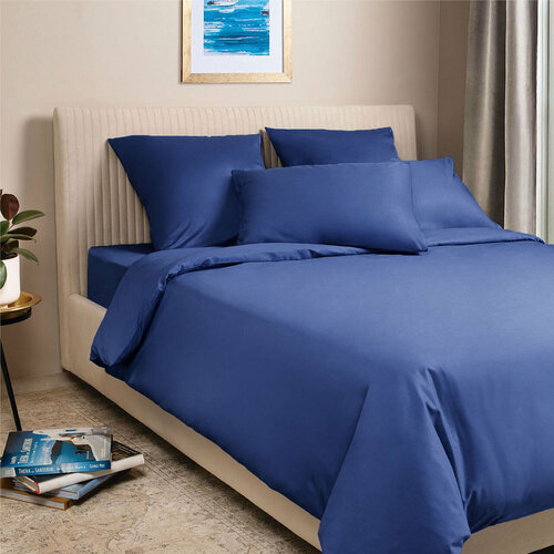 Комплект постельного белья 2-спальный с пододеяльником на молнии, 4 наволочки Моноспейс, сатин (хлопок 100%), темно-синий, Ecotex