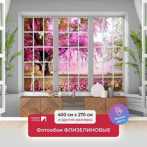 Фотообои на стену первое ателье "Вид из панорамного окна на вишневый сад" 400х270 см (ШхВ), флизелиновые Premium