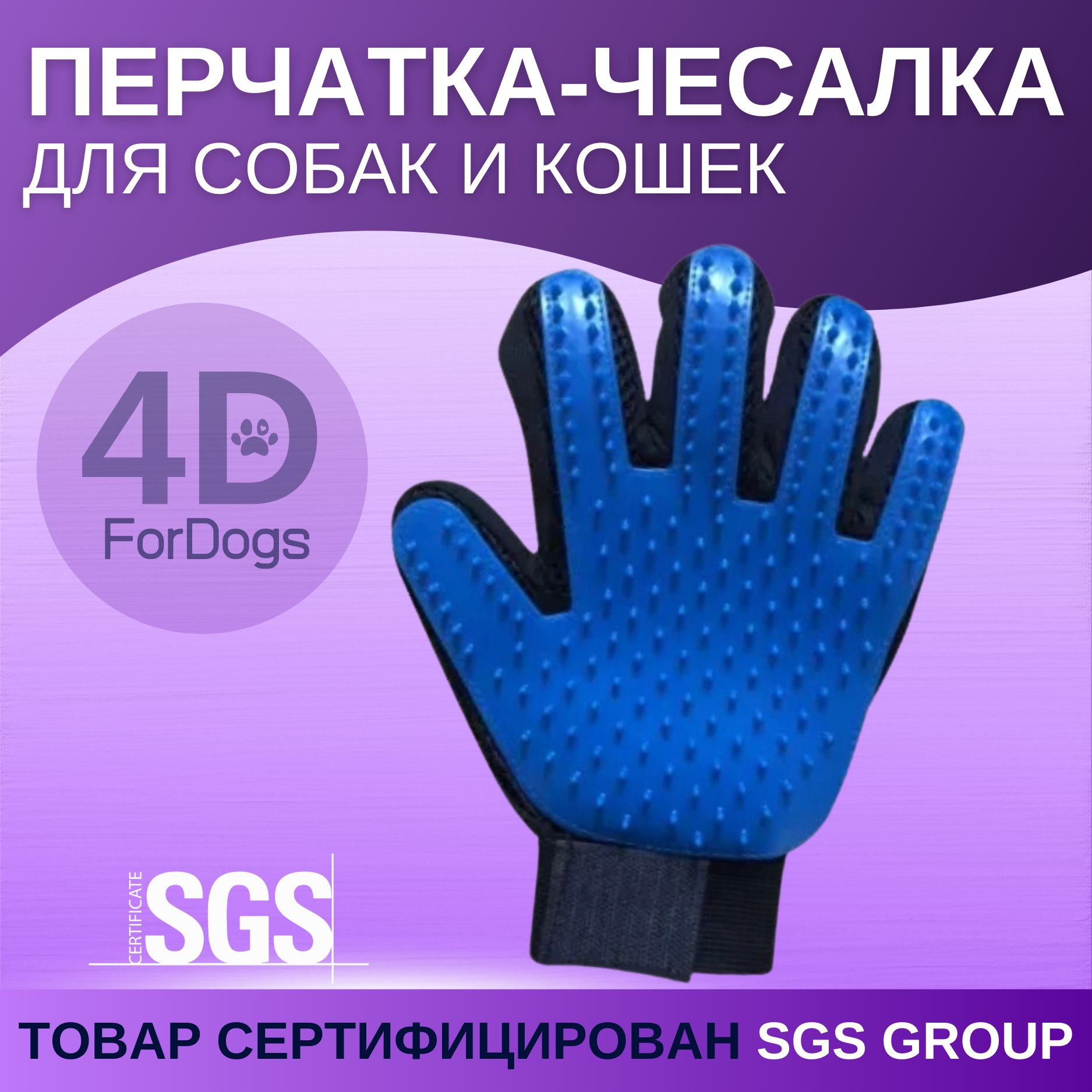 Перчатка для вычесывания шерсти ForDogs для собак и кошек: Синия, правая