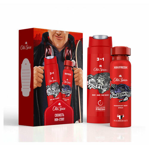 Подарочный набор для мужчин Old Spice, Дезодорант-спрей Nightpanther 150 мл + Гель для душа 3в1 Wolfthorn 250 мл