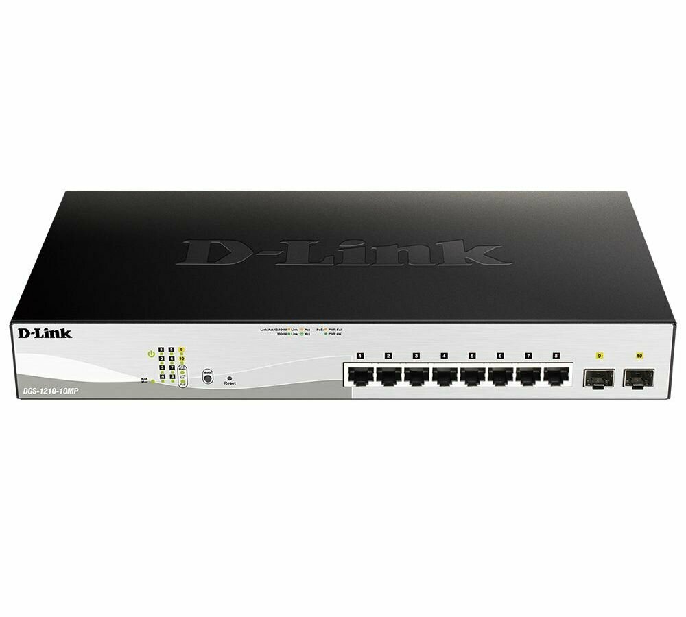 D-Link Dgs-1210-10mp/f3a Proj Настраиваемый L2 коммутатор с 8 портами 10/100/1000Base-T и 2 портами .