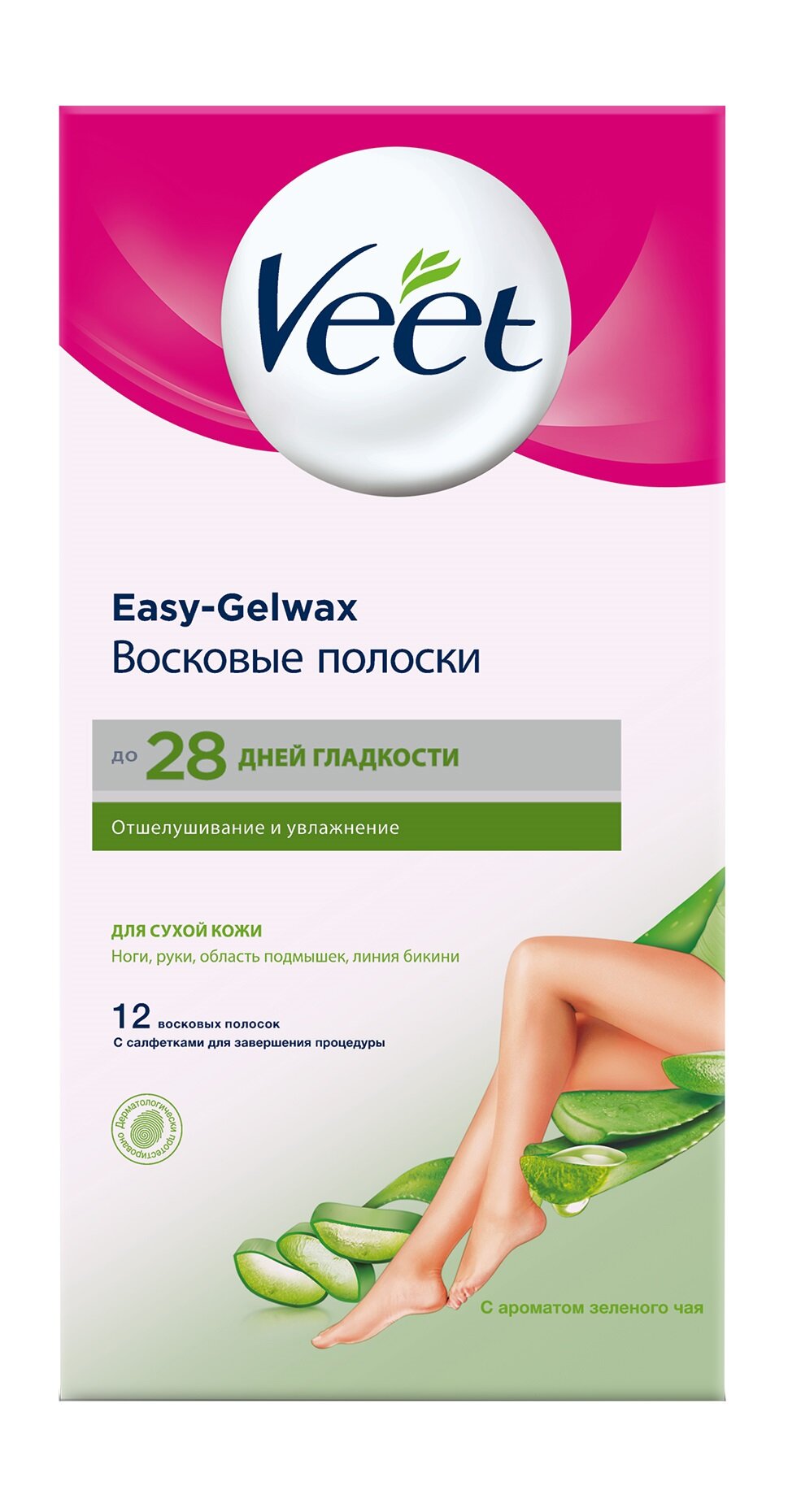 Восковые полоски для сухой кожи c алоэ вера и ароматом зеленого чая Veet Easy-Gelwax Восковые полоски Отшелушивание и увлажнение