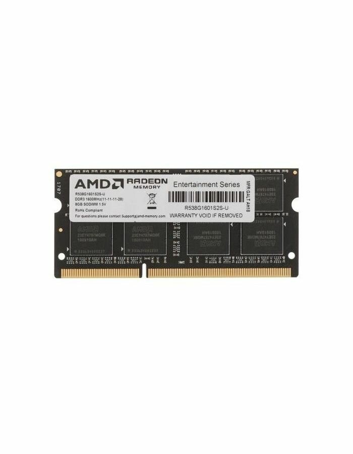 Модуль памяти AMD R538G1601S2S-U, объем 1 х 8Gb, форм-фактор SO-DIMM 204-pin, тип памяти DDR3, рабочая частота 1600MHz, тайминги 11-11-11-28, unbuffered