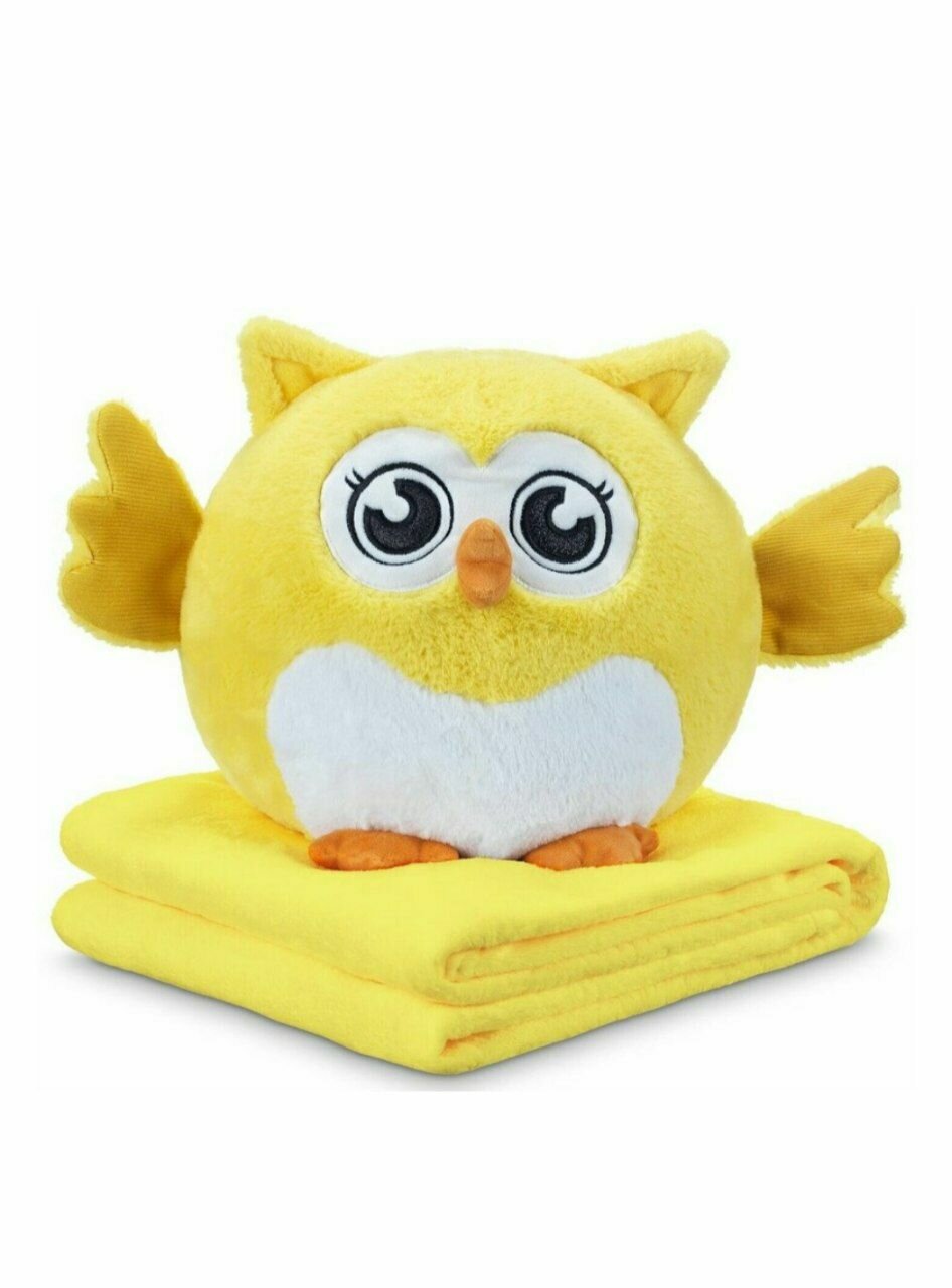 фото Игрушка мягкая Сова с пледом, серая / Сова 3 в 1 с пледом / Игрушка сюрприз / Игрушка подушка с пледом голубой