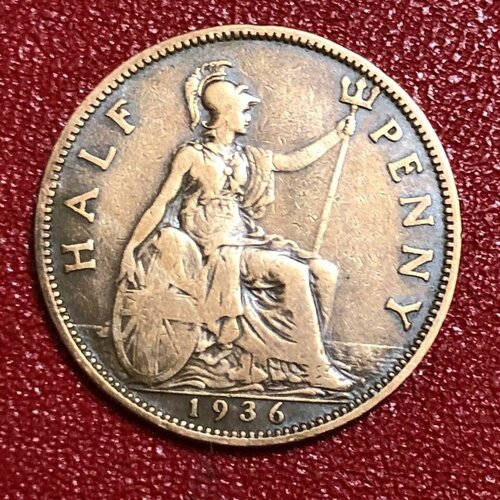 клуб нумизмат монета цент канады 1919 года бронза георг v Монета Великобритания 1/2 Пенни 1936 год Король Георг V # 4-11