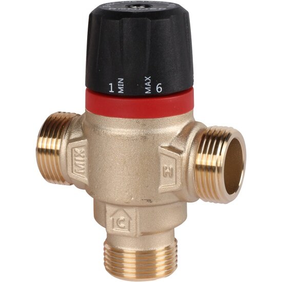 Термостатический смесительный клапан Rommer для систем отопления и ГВС 3/4 НР 20-43°С KV 1,6 (боковое смешивание)