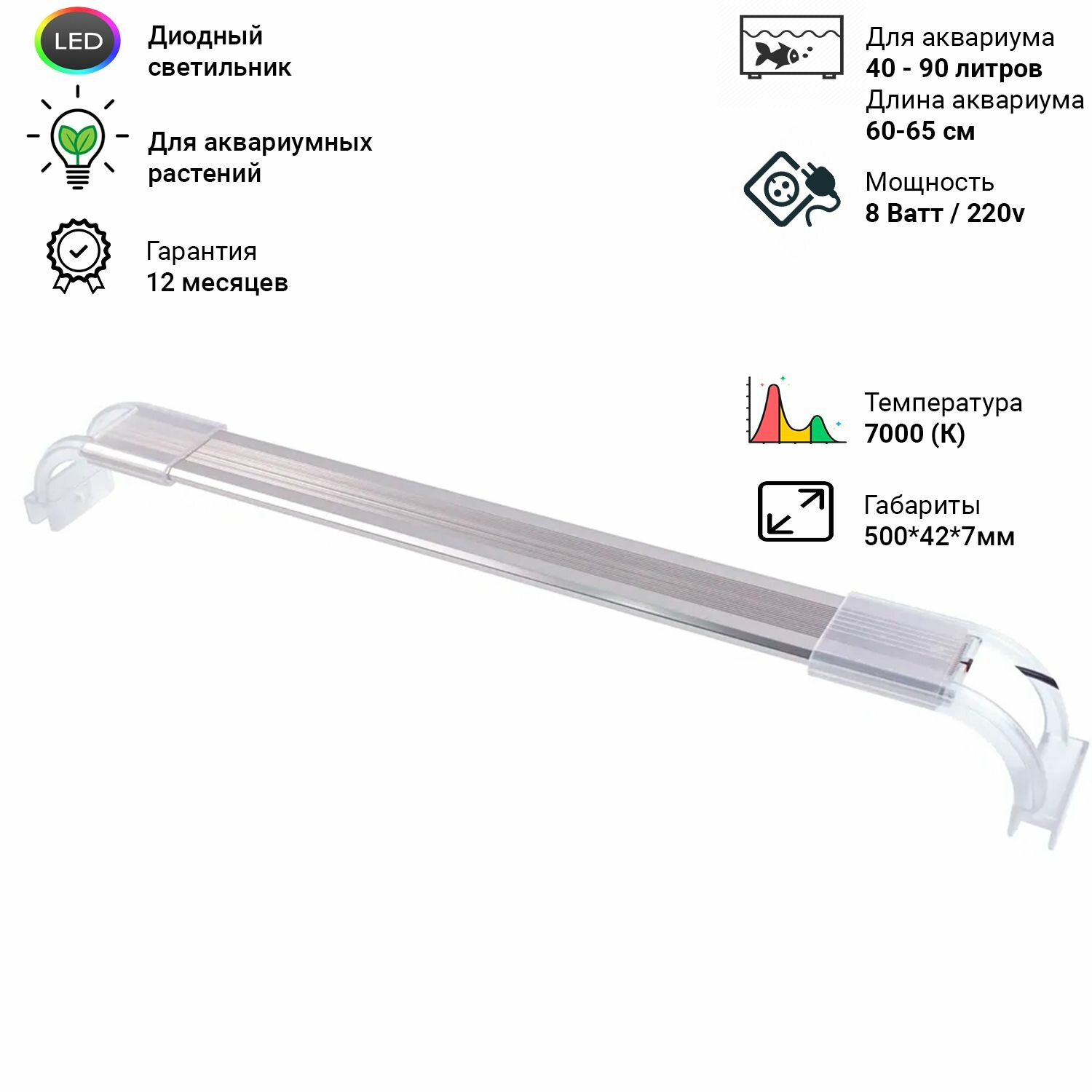 Диодный светильник для аквариума и растений Sunsun ADP-500J 500 мм. (для акв. длиной 60-65 см. 8 Вт)