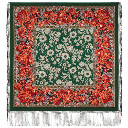 фото Платок павловопосадская платочная мануфактура,148х148 см, зеленый, красный
