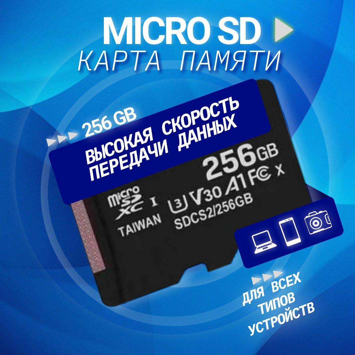 Карта памяти 256Гб microSDHC, адаптер на SD, CLASS 10