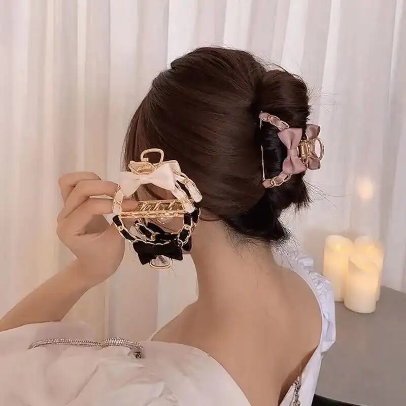 Заколка крабик для волос, метал золотой с розовой лентой и бантиком — фото 1