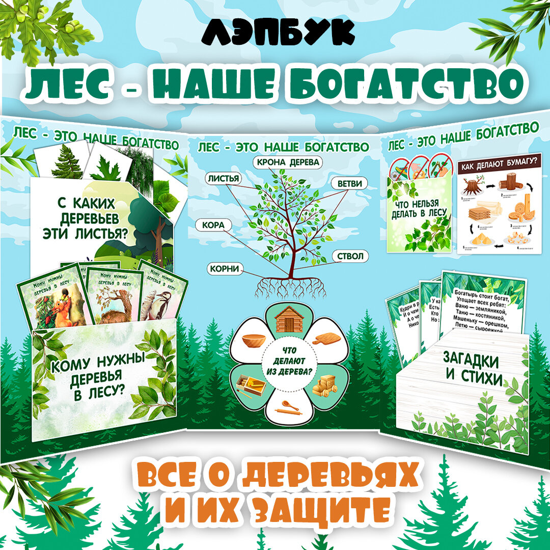 Лэпбук / «Лес наше богатство» комплект карточек и заданий / карточки деревья / Лэпбук для детей (17 листов)