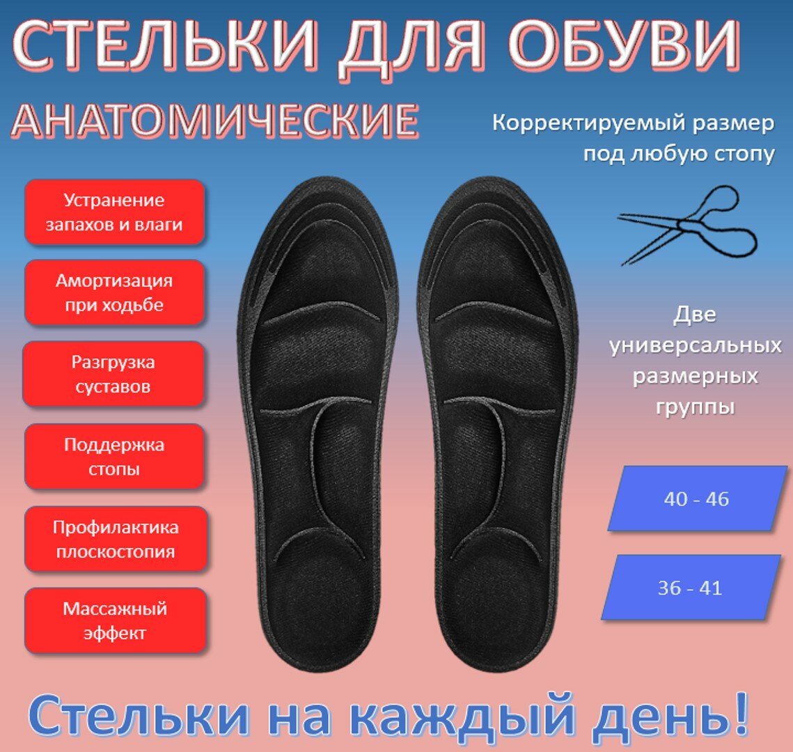 Анатомические стельки размера 36–41/черные