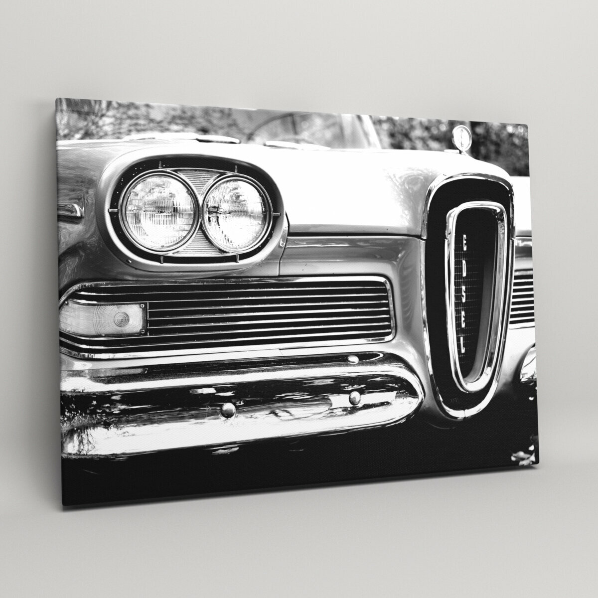 Картина на холсте (интерьерный постер) "Черно - белый ретро автомобиль" машины и автомобили, с деревянным подрамником, размер 40x30 см