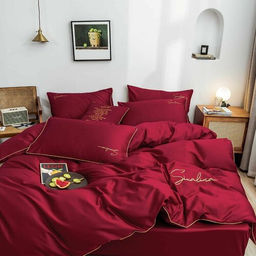 Комплект постельного белья Boris, 1,5 спальный, Жатка, Бордовый