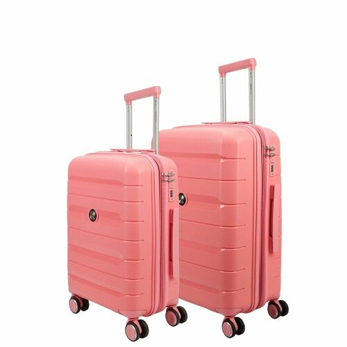 фото Умный чемодан ambassador, 2 шт., полипропилен, увеличение объема, водонепроницаемый, рифленая поверхность, опорные ножки на боковой стенке, 80 л, размер s/m, розовый