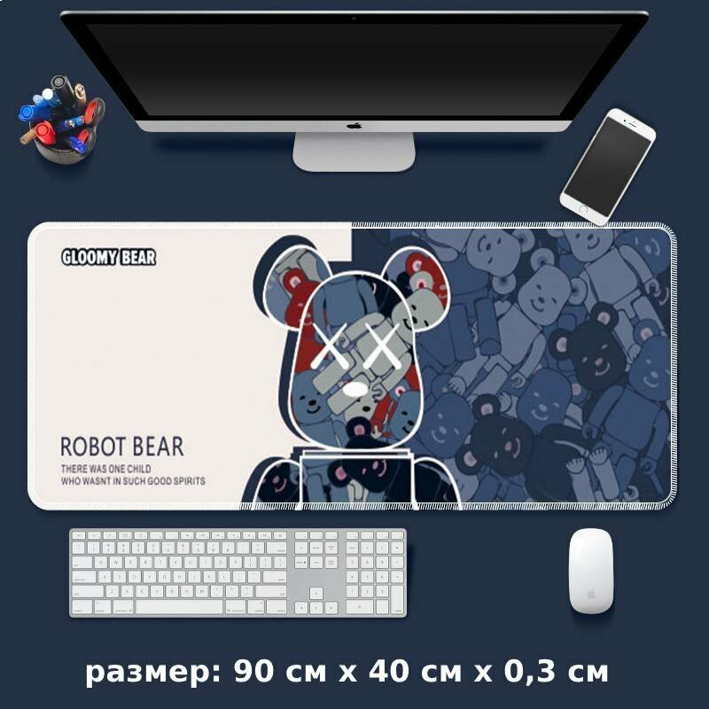 Коврик для мышки, компьютерный большой игровой, 90х40х0,3 см (Robot Bear синий)