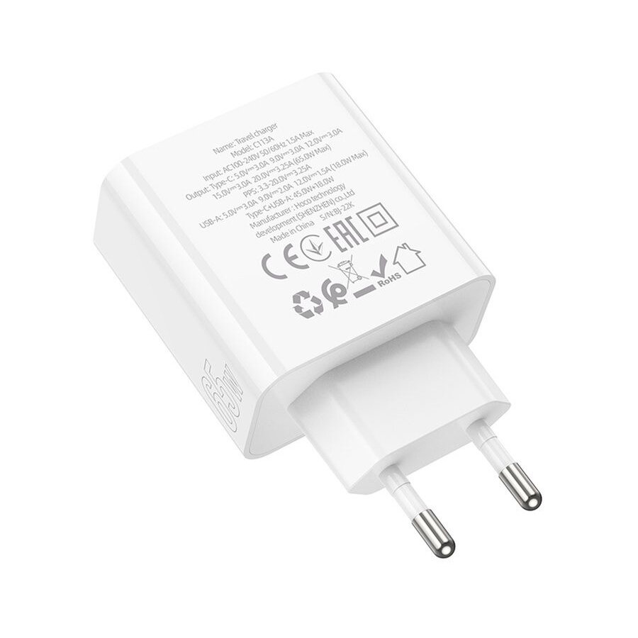 Сетевое зарядное устройство Hoco C113A PD 65W, 2 разъема USB + Type-C, цвет Белый — фото 1