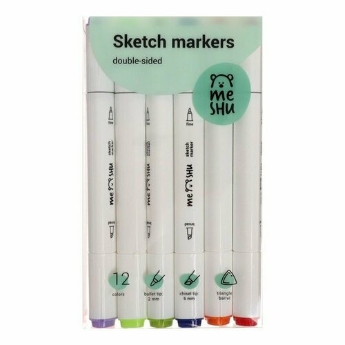 Маркеры для скетчинга двусторонние MESHU, 12 цветов (основные и флуоресцентные цвета), трехгранный корпус (комплект из 4 шт) разноцветный