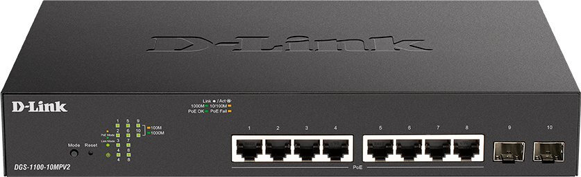 Коммутатор D-Link DGS-1100-10MPV2/A3A (L2) 8x1Гбит/с 2xКомбо(1000BASE-T/SFP) 2SFP 8PoE 130W управляе