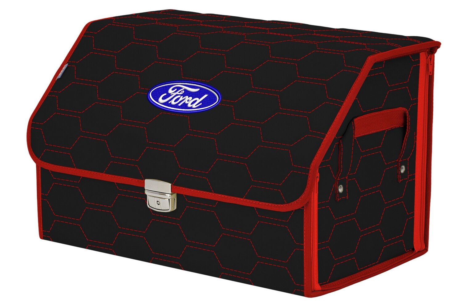 Органайзер-саквояж в багажник "Союз Премиум" (размер L). Цвет: черный с красной прострочкой Соты и вышивкой Ford (Форд).
