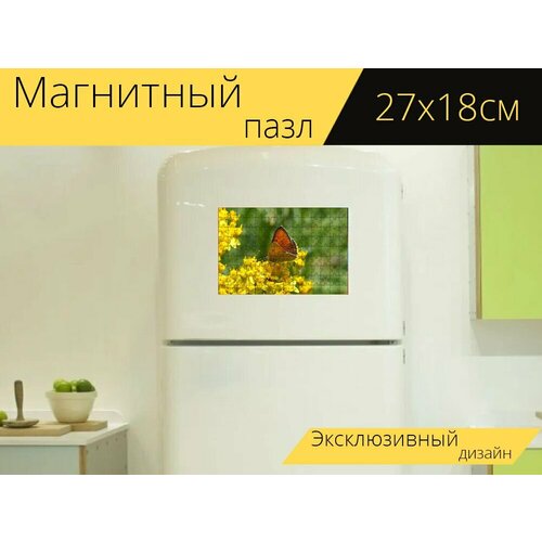 Магнитный пазл Бабочка, цветок, желтый цветок на холодильник 27 x 18 см.