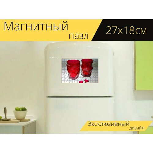 Магнитный пазл Стекло, напиток, красный на холодильник 27 x 18 см.